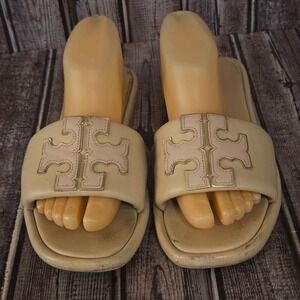 Sz 8.5 Tory Burch Double T Sport Slide Dolce De Leche Leather Logo Sandals
